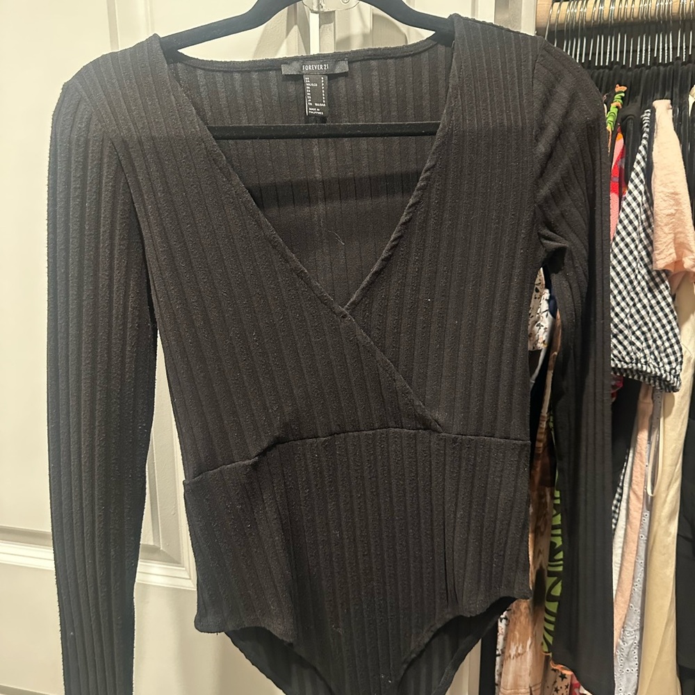 Forever 21 Black Ribbed Wrap Bodysuit